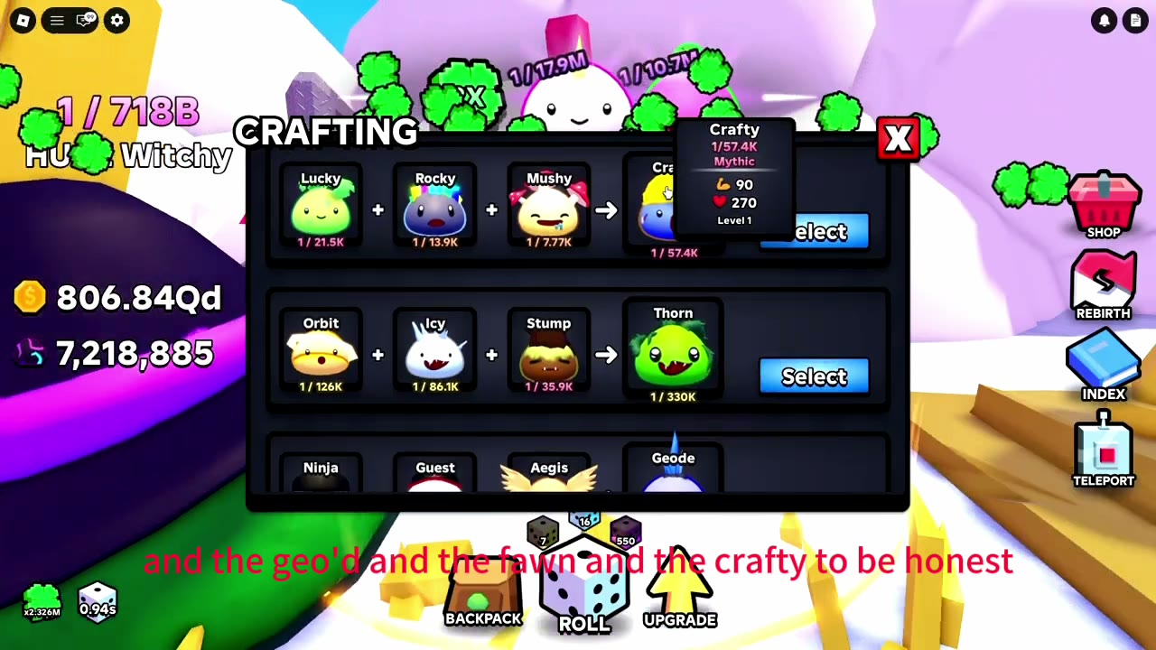 Slime RNG in-game crafting menu showing Crafty, Thorn and Geode recipes with ingredient drop odds